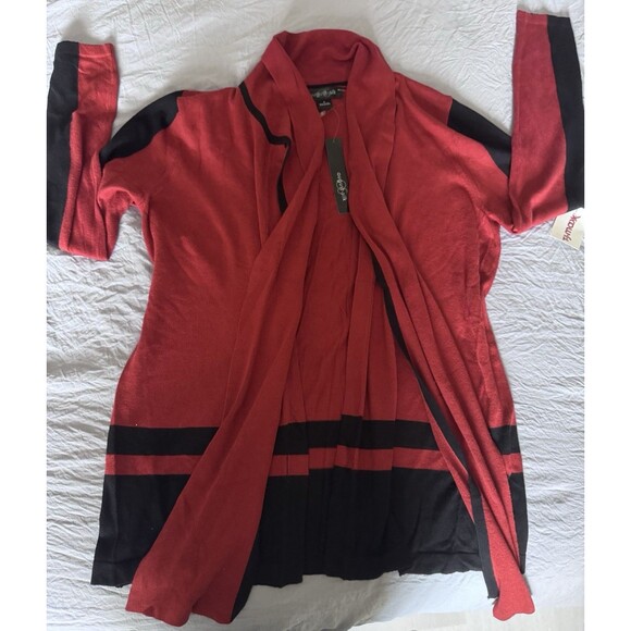 August Silk Open Knit Cardigan Sweater Black & Ginger w/ Attached Scarf Tie Sz M - Picture 5 of 8